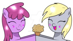 Size: 1024x576 | Tagged: safe, artist:susanzx2000, berry punch, berryshine, derpy hooves, earth pony, pony, g4, cute, female, filly, food, friendship, hooves, muffin