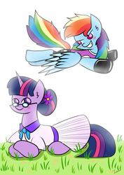 Size: 2480x3507 | Tagged: safe, artist:twidasher, rainbow dash, twilight sparkle, pegasus, pony, g4, blushing, clothes, duo, female, flower, flower in hair, flying, glasses, grass, hair bun, high res, lesbian, ship:twidash, shipping, skirt