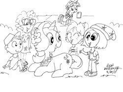 Size: 2592x1944 | Tagged: safe, artist:newportmuse, starlight glimmer, twilight sparkle, alicorn, human, pony, unicorn, g4, beanie, chatting, clothes, flowernecklace, hat, hawaii, hawaiian flower in hair, monochrome, sitting, traditional art, twilight sparkle (alicorn)