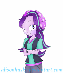 Size: 946x1091 | Tagged: safe, artist:alisonhusky, starlight glimmer, equestria girls, g4, beanie, crossed arms, female, hat, looking at you, no more ponies at source, simple background, solo, watch, watermark, white background