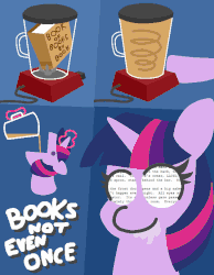 Size: 534x688 | Tagged: safe, artist:threetwotwo32232, twilight sparkle, pony, g4, animated, blender (object), blue background, book, bookhorse, comic, drinking, drool, female, gif, levitation, magic, mare, newbie artist training grounds, not even once, open mouth, shaking, simple background, smiling, solo, telekinesis, terminator 2, text, that pony sure does love books, tl;dr, wat
