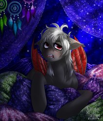 Size: 1831x2160 | Tagged: source needed, safe, artist:hiloumuns, oc, oc only, oc:dusty fang, bat pony, pony, comfy, grumpy, pillow