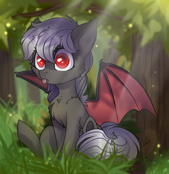 Size: 1745x1797 | Tagged: safe, artist:starlyfly, oc, oc only, oc:dusty fang, bat pony, pony, :p, cheek fluff, chest fluff, colored pupils, crepuscular rays, female, forest, grass, mare, silly, sitting, solo, tongue out, tree