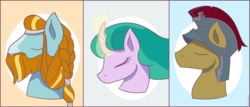 Size: 5000x2143 | Tagged: safe, artist:lemanda, flash magnus, mistmane, rockhoof, earth pony, pegasus, pony, unicorn, campfire tales, g4, bust, eyes closed, female, high res, male, mare, portrait, stallion