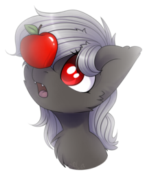 Size: 1573x1841 | Tagged: safe, artist:starlyfly, oc, oc only, oc:dusty fang, bat pony, pony, apple, balancing, bust, cheek fluff, chest fluff, colored pupils, cute, female, fluffy, food, mare, open mouth, pleading, ponies balancing stuff on their nose, portrait, simple background, solo, transparent background