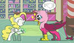 Size: 742x432 | Tagged: safe, artist:flutterluv, pinkie pie, surprise, griffon, pegasus, pony, g1, g4, animated, atg 2017, eye shimmer, female, g1 to g4, generation leap, gif, griffonized, happy, newbie artist training grounds, pictogram, smiling, species swap, starry eyes, wingding eyes