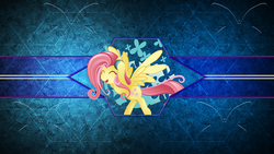 Size: 5120x2880 | Tagged: safe, artist:laszlvfx, edit, fluttershy, pegasus, pony, g4, absurd file size, eyes closed, female, headphones, mare, open mouth, smiling, solo, vector, wallpaper, wallpaper edit