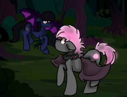 Size: 1057x813 | Tagged: safe, artist:euspuche, oc, oc only, oc:moonlight blast, oc:neo, bat pony, pony, female, forest, looking at each other, male, spread wings, wings