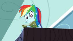 Size: 1280x720 | Tagged: safe, screencap, rainbow dash, equestria girls, g4, leaping off the page, my little pony equestria girls: summertime shorts, book, bookshelf, female, looking down, rainbow dash's house