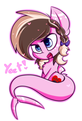 Size: 1492x2177 | Tagged: safe, artist:ashee, oc, oc only, oc:ashee, original species, shark, shark pony, :d, bow, braid, chest fluff, chibi, cute, fangs, heart, heart eyes, open mouth, simple background, smiling, solo, transparent background, wingding eyes, yeet