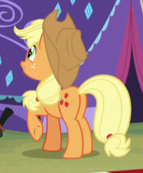 Size: 283x344 | Tagged: safe, screencap, applejack, earth pony, pony, campfire tales, g4, butt, cropped, female, freckles, mare, plot, raised hoof, solo