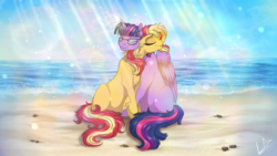 Size: 1024x576 | Tagged: safe, artist:lupiarts, sci-twi, sunset shimmer, twilight sparkle, alicorn, pony, unicorn, g4, beach, commission, equestria girls ponified, eyes closed, female, glasses, lesbian, mare, missing cutie mark, neck hug, ocean, ponified, sand, sci-twilicorn, ship:sci-twishimmer, ship:sunsetsparkle, shipping, smiling, twilight sparkle (alicorn)