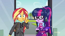 Size: 1280x720 | Tagged: safe, screencap, sci-twi, sunset shimmer, twilight sparkle, equestria girls, g4, monday blues, my little pony equestria girls: summertime shorts, backpack, clothes, geode of telekinesis, glasses, magical geodes, open mouth, umbrella, wet, wet hair