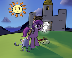 Size: 1660x1339 | Tagged: safe, artist:neuro, oc, oc only, cat, earth pony, ghost, octopus, pony, slime monster, spider, adventuring party, castle, cyoa, female, mare, sign, spider king, sun