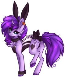 Size: 799x938 | Tagged: safe, artist:tay-niko-yanuciq, oc, oc only, oc:bottom out, pony, unicorn, bunny ears, bunny suit, choker, clothes, femboy, male, raised leg, simple background, tail bow, tail wrap, transparent background, trap