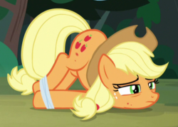 Size: 547x392 | Tagged: safe, screencap, applejack, earth pony, pony, campfire tales, g4, applejack is not amused, applejack's hat, bags under eyes, cowboy hat, cropped, cutie mark, embarrassed, female, fly-der bite, freckles, frown, humiliation, injured, lidded eyes, mare, ponytail, solo, stetson, tied up, tired, unamused