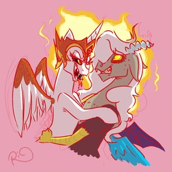 Size: 3000x3000 | Tagged: safe, artist:riquis101, artist:tacosdenopal, daybreaker, discord, alicorn, draconequus, pony, g4, eris, female, fire, half r63 shipping, high res, hug, lesbian, looking at each other, male, mane of fire, mare, pink background, rule 63, ship:disbreaker, shipping, simple background, smiling