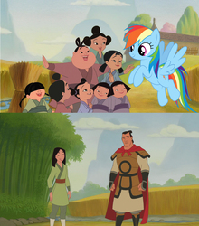 Size: 3294x3741 | Tagged: safe, artist:conthauberger, rainbow dash, human, g4, crossover, crossover shipping, disney, disney princess, high res, lesson number 1, li shang, mulan, shipping
