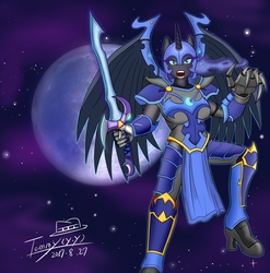 Size: 5807x5881 | Tagged: safe, artist:cvkt500, nightmare moon, alicorn, anthro, plantigrade anthro, g4, absurd resolution, armor, badass, breasts, claws, fangs, female, full moon, looking at you, mare, moon, night, open mouth, solo, stars, sword, weapon