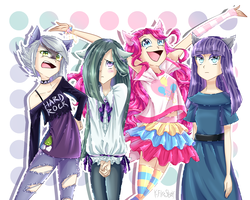 Size: 2000x1600 | Tagged: safe, artist:y-firestar, limestone pie, marble pie, maud pie, pinkie pie, human, g4, angry, blouse, bra strap, choker, clothes, cute, diapinkes, dress, ear piercing, eared humanization, hair over one eye, hand on hip, humanized, limabetes, looking at you, marblebetes, maudabetes, open mouth, pie sisters, piercing, ripped pants, shirt, siblings, sisters, skirt, socks, thigh highs