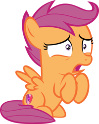 Size: 3437x4293 | Tagged: safe, artist:red4567, derpibooru exclusive, scootaloo, pegasus, pony, campfire tales, absurd resolution, cute, cutealoo, cutie mark, female, filly, foal, open mouth, raised hoof, raised hooves, scared, simple background, sitting, solo, spread wings, the cmc's cutie marks, transparent background, vector, wings