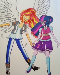Size: 1280x1602 | Tagged: safe, artist:missmayaleanne, sci-twi, sunset shimmer, twilight sparkle, angel, pony, equestria girls, g4, female, holding hands, implied shipping, lesbian, ship:sci-twishimmer, ship:sunsetsparkle, shipping, wings