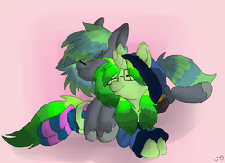 Size: 3064x2214 | Tagged: safe, artist:robiinart, oc, oc only, oc:bitter pill, oc:razzle, earth pony, pony, unicorn, bizzle, clothes, cuddling, cute, eyes closed, female, glasses, high res, hoodie, male, mare, smiling, snuggling, socks, stallion, striped socks, sweater