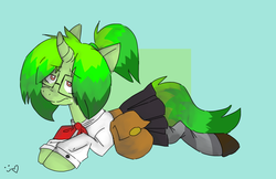 Size: 1280x831 | Tagged: safe, artist:robiinart, oc, oc only, oc:bitter pill, pony, bored, clothes, cute, female, glasses, lying, mare, saddle bag, school uniform, shirt, shoes, skirt, skirt lift, socks, solo