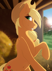 Size: 3338x4538 | Tagged: safe, artist:silentwulv, applejack, earth pony, pony, g4, belly button, cowboy hat, female, freckles, grin, hat, hay, high res, lens flare, looking at you, mare, raised hoof, rearing, smiling, smiling at you, solo, stetson, sun