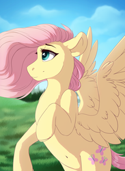 Size: 3300x4500 | Tagged: safe, artist:silentwulv, fluttershy, pegasus, pony, g4, belly button, female, high res, looking away, looking up, mare, rearing, solo, spread wings, wind, windswept mane, wings