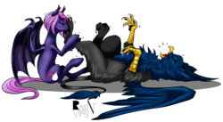 Size: 1994x1091 | Tagged: safe, artist:allocen, oc, oc only, oc:eid, oc:lilac mist, bat pony, griffon, beak, claws, eyes closed, female, fetish, laughing, male, nuzzling, paw fetish, paws, shipping, straight, tail, talons, tickling, wings