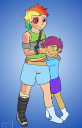 Size: 942x1473 | Tagged: safe, artist:phallen1, rainbow dash, scootaloo, human, g4, air ponyville, arm sling, atg 2017, bandage, black eye, boot, bruised, clothes, crying, female, hug, humanized, injured, newbie artist training grounds, socks, tank top