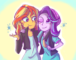 Size: 1880x1486 | Tagged: safe, artist:lucifer-dog-fish, starlight glimmer, sunset shimmer, equestria girls, g4, beanie, blushing, duo, female, hat, holding hands, lesbian, looking at each other, one eye closed, ship:shimmerglimmer, shipping, smiling, wink