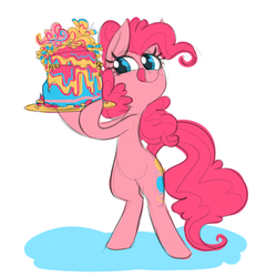 Size: 600x600 | Tagged: safe, artist:ponygoggles, pinkie pie, earth pony, pony, g4, bipedal, cake, female, food, licking, licking lips, looking at something, mare, solo, tongue out