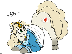 Size: 1633x1225 | Tagged: safe, artist:pony quarantine, earth pony, pony, anklet, ass up, big hair, clothes, cutie mark, dress, ear piercing, earring, female, fight, happy, headdress, heart, jewelry, laili, looking at cutie mark, mare, meme, necklace, piercing, punjabi, simple background, solo, stars, text, warpone, white background