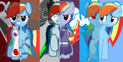 Size: 1415x717 | Tagged: safe, rainbow dash, bat pony, pegasus, pony, elements of insanity, fanfic:rainbow factory, g4, alternate cutie mark, alternate timeline, apocalypse dash, base used, bat ponified, clothes, crystal war timeline, dashstorm, duality, evil grin, fanfic art, female, five nights at freddy's, foxy dash, grin, insanity, lab coat, mare, multeity, race swap, rainbine, rainbine ears, rainbow factory dash, rainbowbat, red eyes, self ponidox, slit pupils, smiling, split screen, what my cutie mark is telling me
