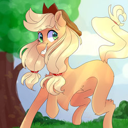 Size: 1024x1024 | Tagged: safe, artist:erinartista, applejack, pony, g4, female, raised hoof, smiling, solo, tree