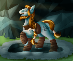 Size: 5400x4500 | Tagged: safe, artist:klarapl, rockhoof, earth pony, pony, campfire tales, g4, absurd resolution, beard, clothes, eyes closed, facial hair, male, open mouth, smiling, solo, stallion