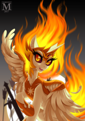 Size: 900x1273 | Tagged: safe, artist:margony, daybreaker, alicorn, pony, a royal problem, g4, female, fire, helmet, looking at you, majestic, mane of fire, mare, open mouth, smiling, solo