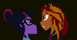 Size: 3440x1800 | Tagged: safe, artist:dshadow101, sci-twi, sunset shimmer, twilight sparkle, vampire, fanfic:sunlight, equestria girls, g4, black background, fanfic, fanfic art, fangs, female, lesbian, looking at each other, ship:sci-twishimmer, ship:sunsetsparkle, shipping, simple background