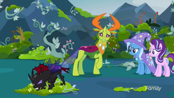 Size: 1280x720 | Tagged: safe, screencap, pharynx, starlight glimmer, thorax, trixie, changedling, changeling, pony, unicorn, g4, to change a changeling, changeling kingdom, flower, king thorax, tantrum