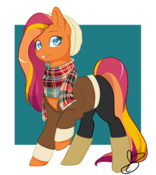 Size: 1143x1280 | Tagged: safe, artist:heartscharm, oc, oc only, earth pony, pony, boots, clothes, coat, female, looking at you, mare, pants, scarf, shoes, simple background, smiling, solo