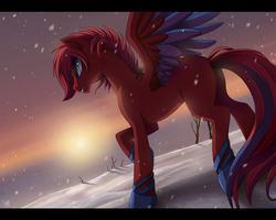Size: 996x797 | Tagged: dead source, safe, artist:ruhje, oc, oc only, pegasus, pony, butt, colored wings, looking away, plot, raised hoof, snow, solo, spread wings, standing, sunset, wings