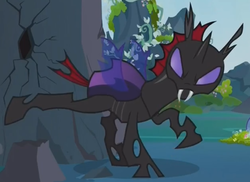 Size: 822x599 | Tagged: safe, screencap, pharynx, changeling, g4, to change a changeling, bucking, cracks, cropped, frown, glare, looking back, raised hoof, raised leg, solo