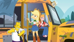 Size: 960x540 | Tagged: safe, edit, edited screencap, screencap, applejack, big macintosh, equestria girls, g4, get the show on the road, my little pony equestria girls: summertime shorts, broken, bus, geode of super strength, gil gunderson, magical geodes, male, parody, simpsons did it, studebaker, the rainbooms tour bus, the simpsons