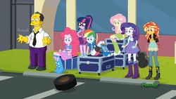 Size: 960x540 | Tagged: safe, edit, edited screencap, screencap, fluttershy, pinkie pie, rainbow dash, rarity, sunset shimmer, twilight sparkle, equestria girls, g4, get the show on the road, my little pony equestria girls: summertime shorts, gil gunderson, male, parody, simpsons did it, the simpsons
