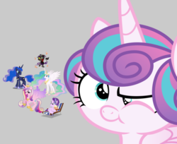 Size: 694x567 | Tagged: safe, king sombra, princess cadance, princess celestia, princess flurry heart, princess luna, starlight glimmer, pony, g4, 1000 hours in ms paint, close-up, ms paint, one eye closed, what has science done, where is your god now?, wink