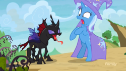 Size: 1366x768 | Tagged: safe, screencap, pharynx, trixie, changeling, pony, unicorn, g4, to change a changeling, scared, tongue out