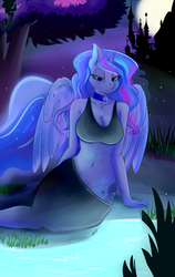 Size: 1900x3000 | Tagged: safe, artist:huckser, princess luna, anthro, g4, bedroom eyes, belly button, breasts, busty princess luna, canterlot, cleavage, clothes, female, looking at you, midriff, outdoors, solo