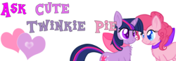Size: 1000x350 | Tagged: safe, artist:justagirlonline, pinkie pie, twilight sparkle, pony, ask cute twinkie pie, g4, female, lesbian, neck bow, ship:twinkie, shipping